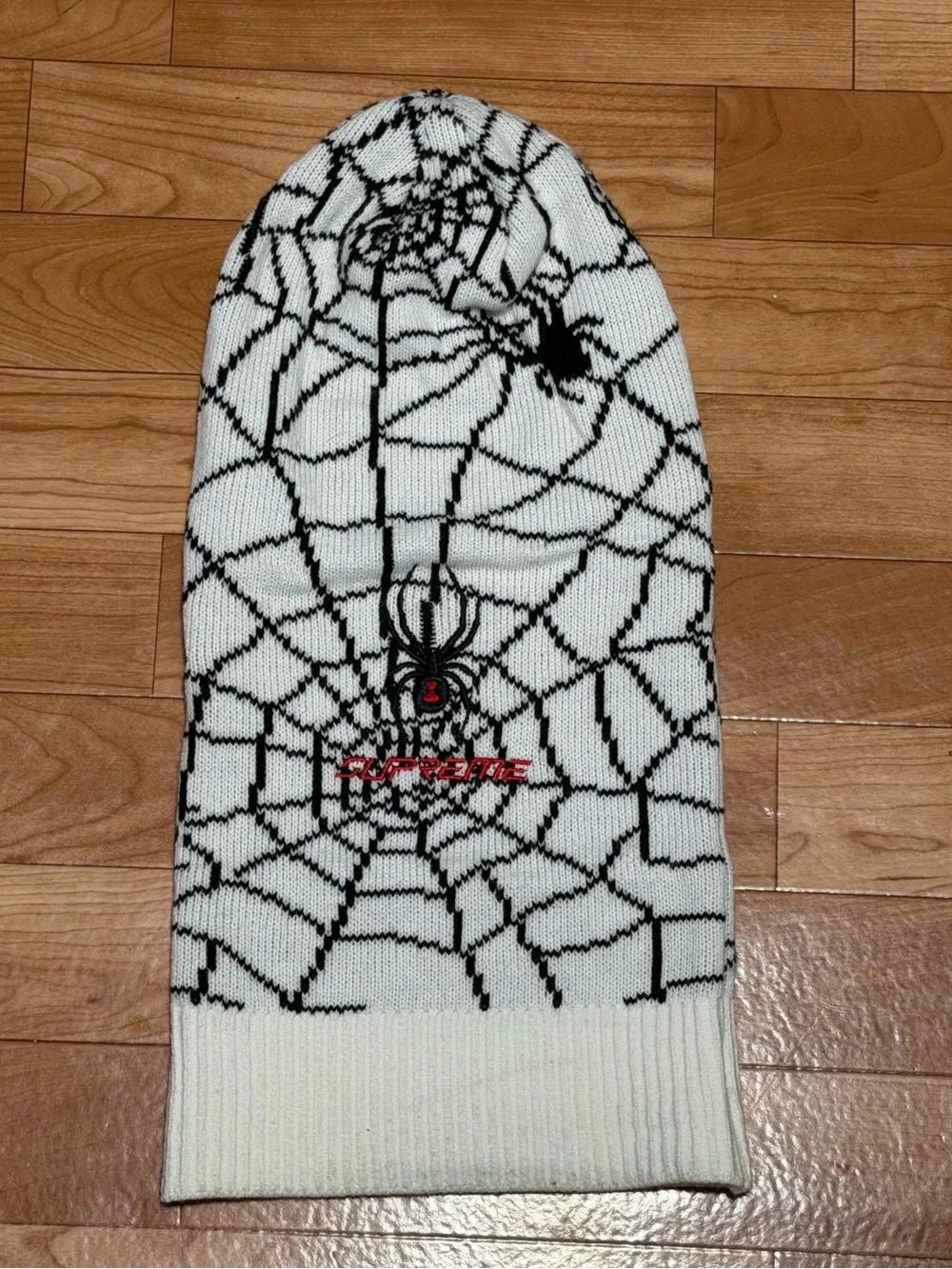 Supreme White & Black Spiderweb Knit Balaclava with Red Logo